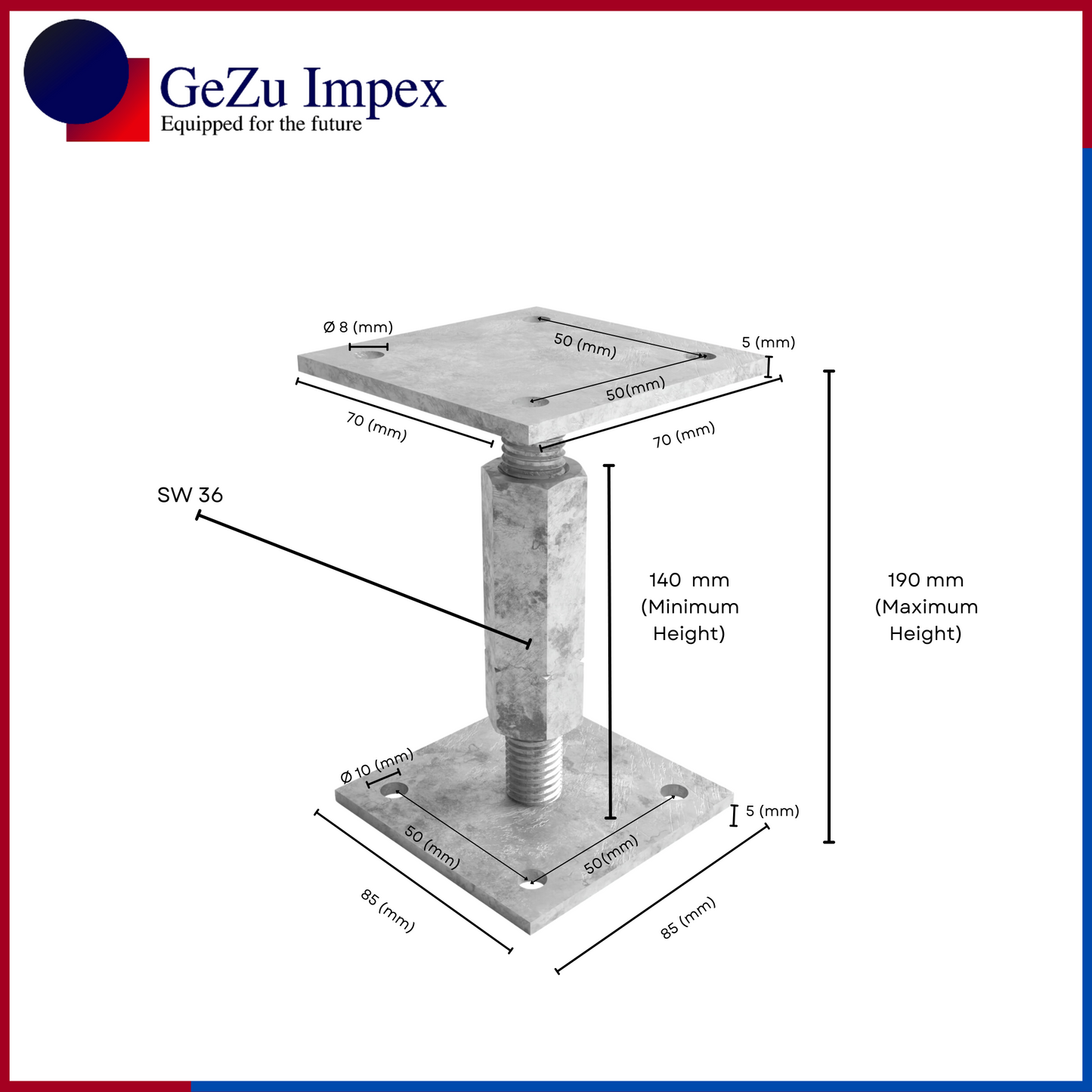 70 x 70 mm, Range 140-190 mm / Electroplated
