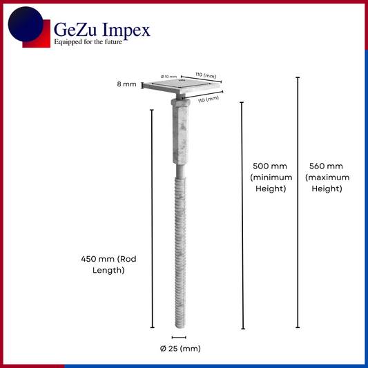 Adjustable T post support for concrete with lock and long nut